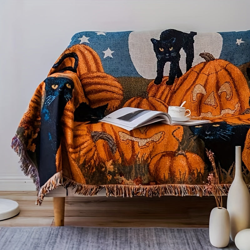 1pc Halloween Blanket Sofa Blanket Fringe Throw Blanket 100% Cotton Lightweight For Chair Sofa Couch Bed Cover Fit Home Cozy Knit Blankets