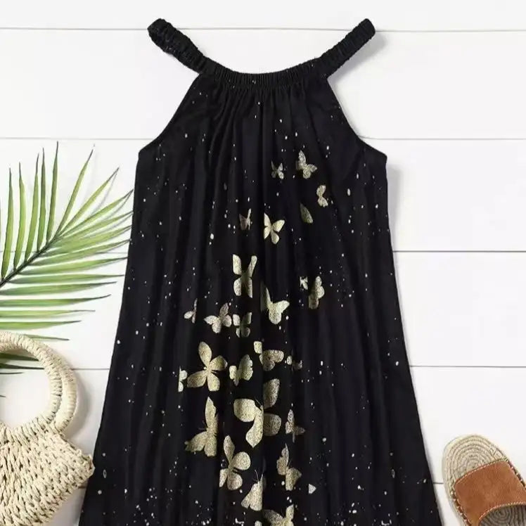 Ladies' Black Butterfly Ruffle Loop Mini Dress With Loop