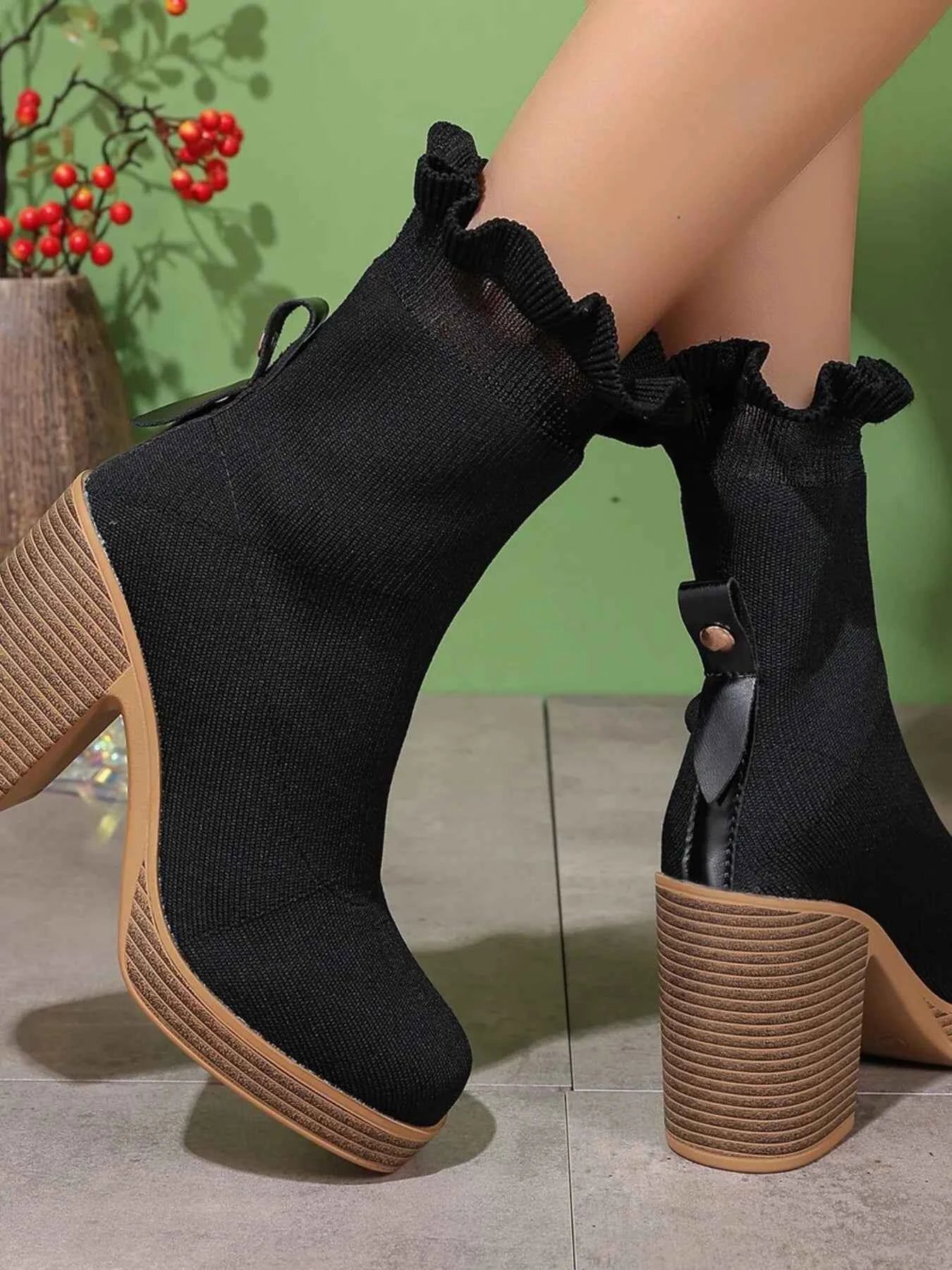 Stylish Ruffled Trim : Chunky Heel Boots