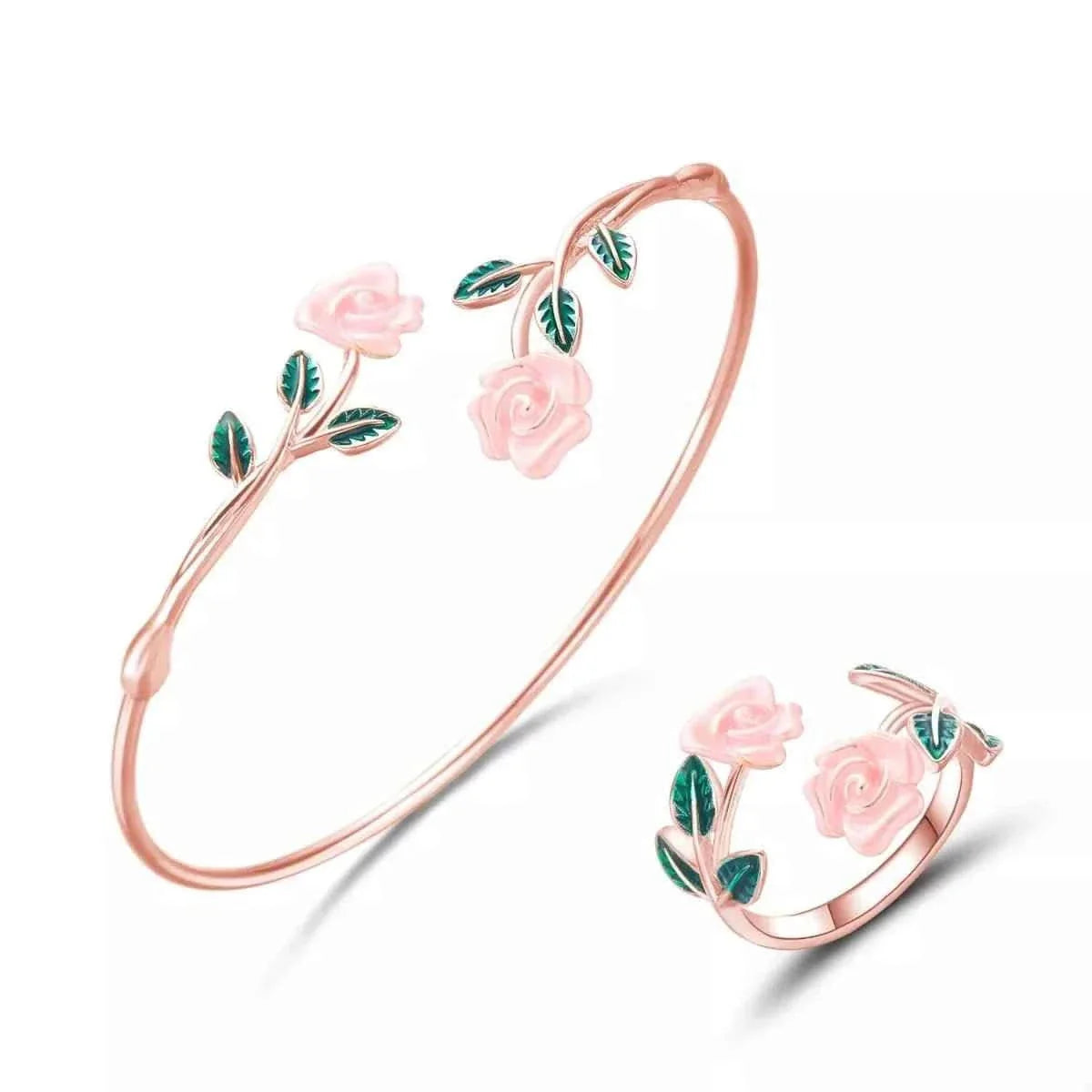 Rose Bypass Ring and Bracelet Jewelry Set