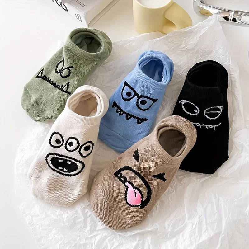 5 Pairs Cartoon Print Socks, Funny & Breathable Low Cut Ankle Socks, Women's Stockings & Hosiery