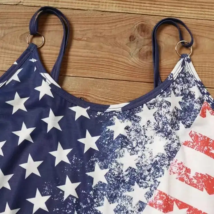 Ladies' V-neck American Flag Star Striped Pocket Shoulder Strap Mini Dress, Independence Day Dress