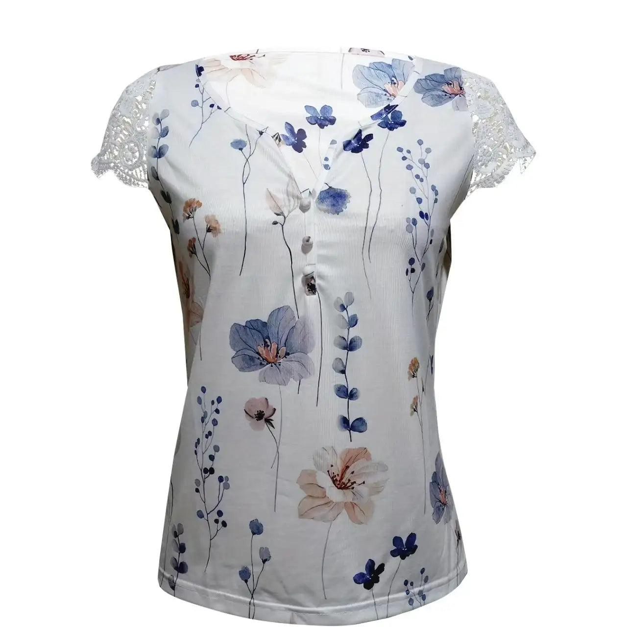 Ladies' Floral Print V-neck Button Casual Lace Patchwork Sleeve Fashionable Vacation Top Shirt