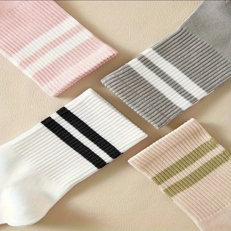 5 Pairs Striped Print Socks, College Style Sports Mid Tube Socks, Women's Stockings & Hosiery