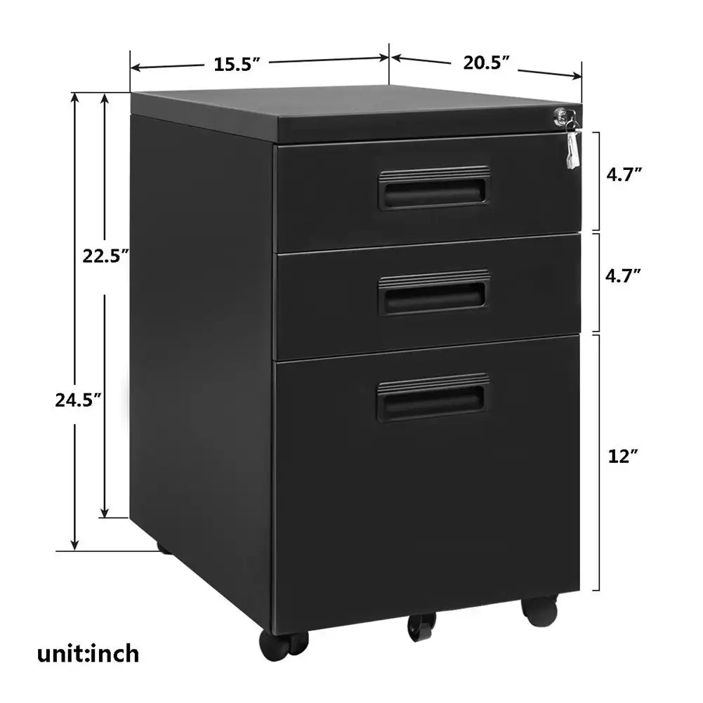 3-Drawer Mobile File Cabinet with Keys, 15.4