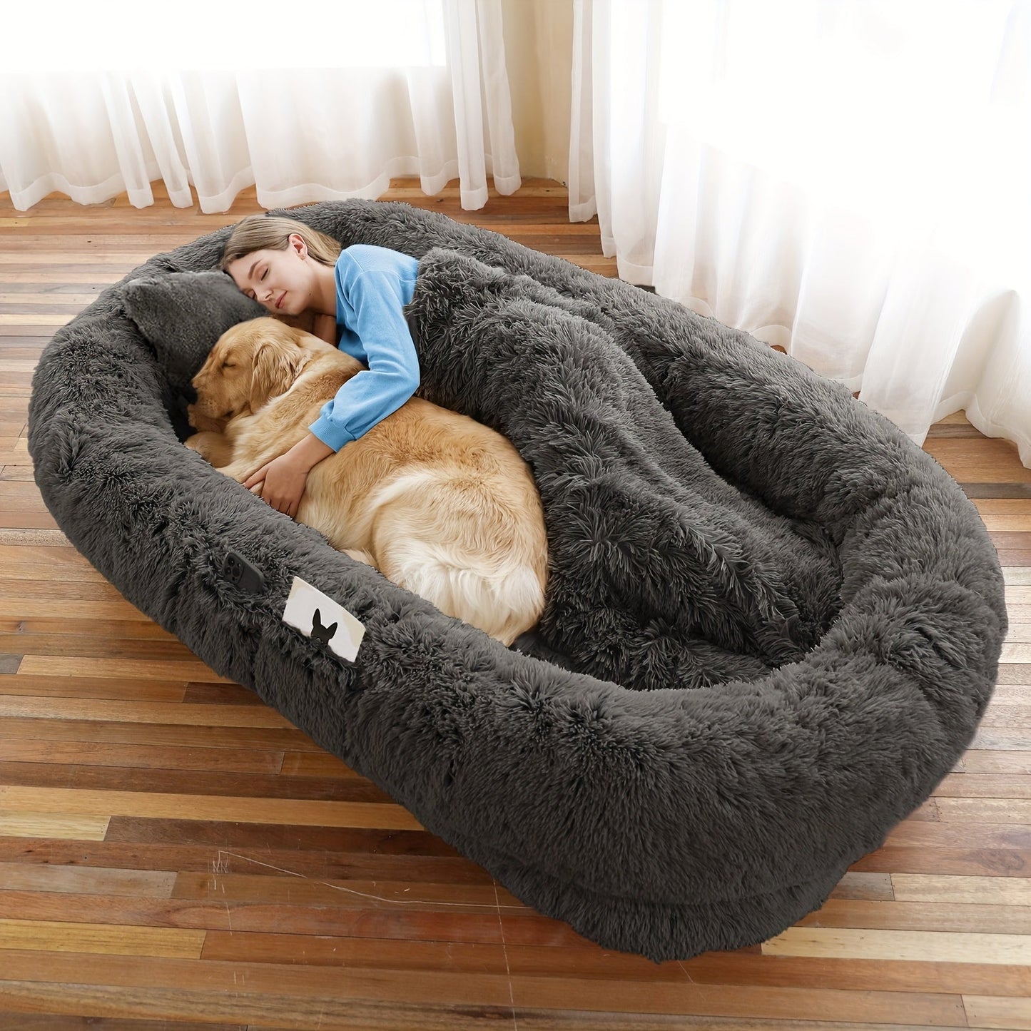 Orthopedic Human Dog Bed 71"x45"x12" Oval Washable Faux Fur Pet Bed with Plump Pillow, Blanket & Strap - Non-Slip Spa Design for All Dog Sizes, Grey, Cozy Nap Spot, Cozy Aesthetic, Durable Polyester, Home Lounging
