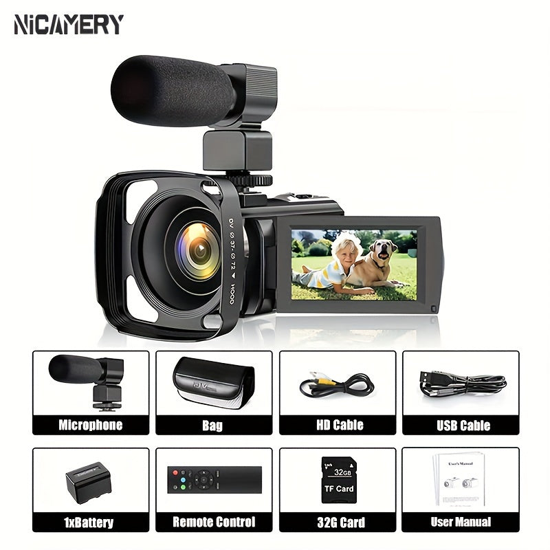 Nicamery 16x Efficient Zoom - 1080P HD Camera with Beauty Anti-Shake, External Microphone Support - Full HD 2400 Pixel Webcam Digital Camera with Remote Control, Lens Hood, 1000mah Batteries 2pcs, Ultra Long Life, 32G TF Card