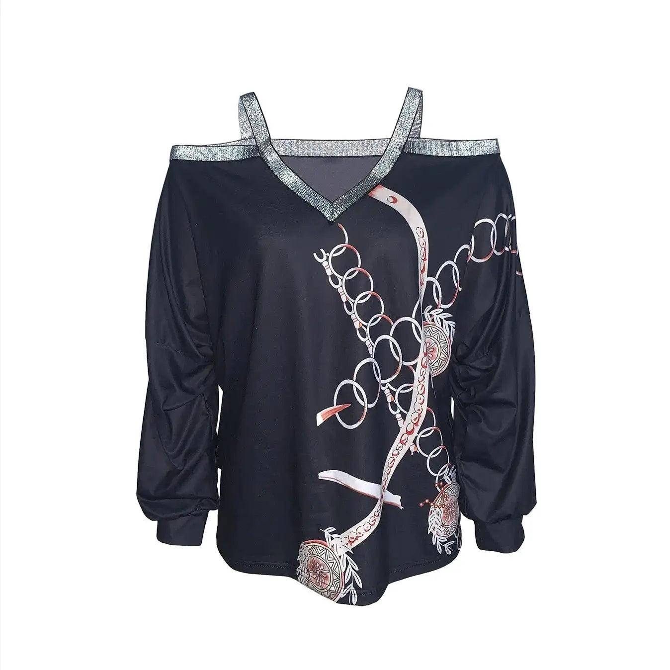 Women's Fashion New Chain Printed Sequin Cold Shoulder Long Sleeved Sweatshirt With Exposed Shoulder Top
