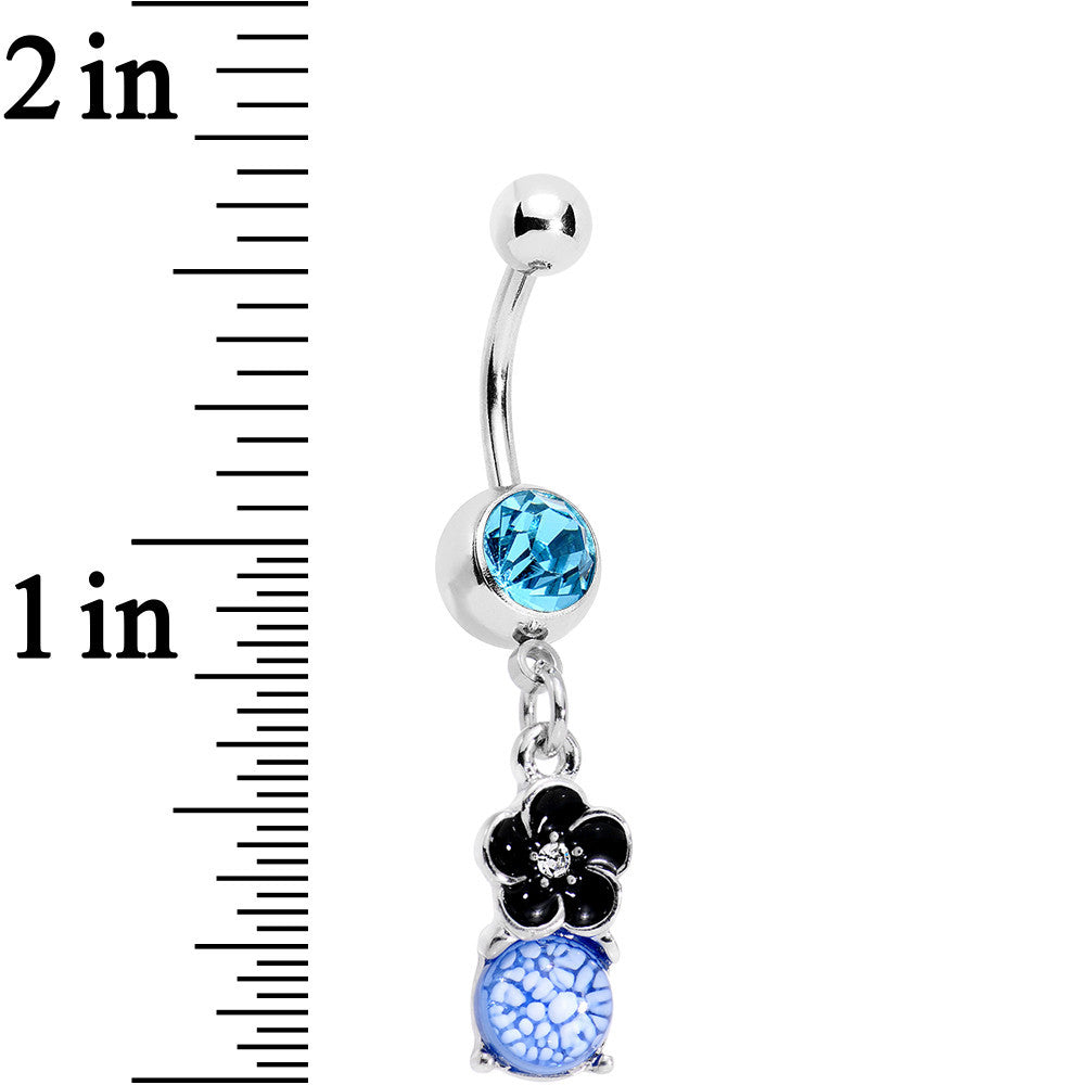 Aqua Gem Blue White Cracked Orb Black Garden Flower Dangle Belly Ring