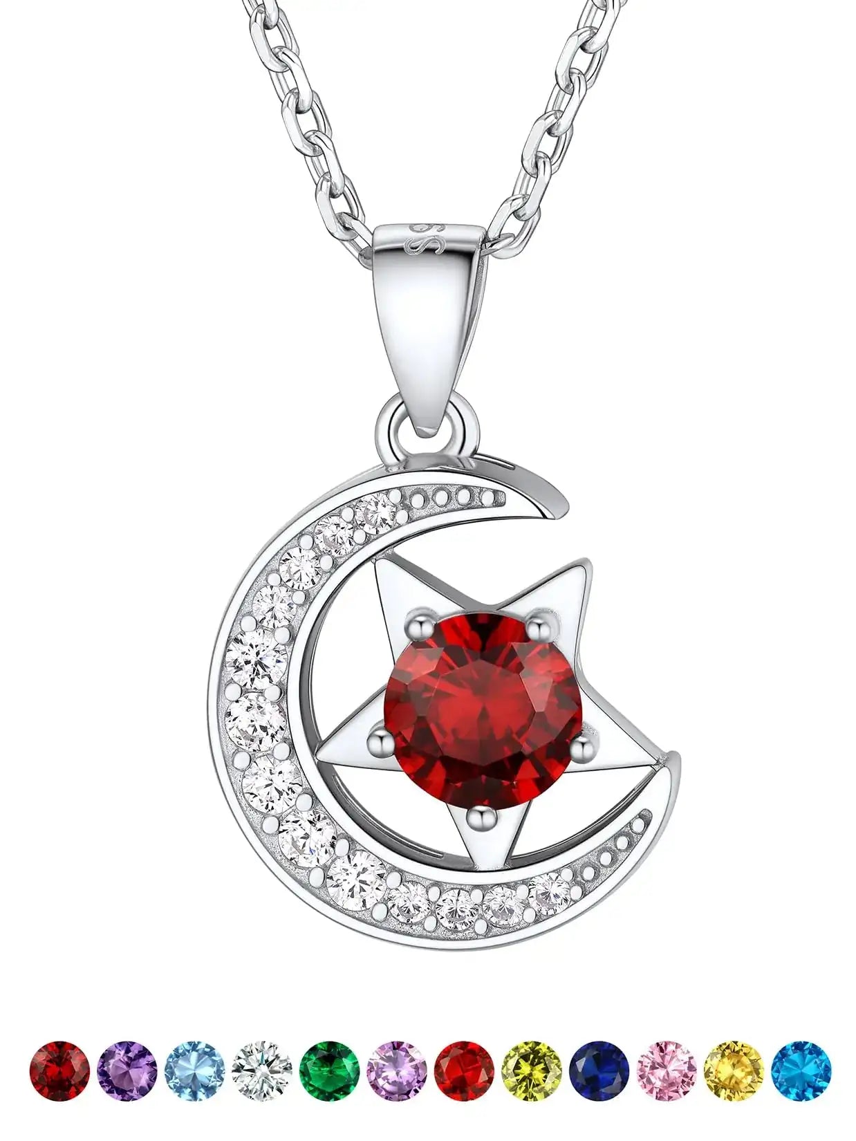 Suplight Birthstone Necklace for Women Crescent Moon Necklaces with Stone Sterling Silver Garnet Red Crystal January Birthstone Christmas Thanksgiving Holiday Birthday Jewelry Everyday Necklaces for Women