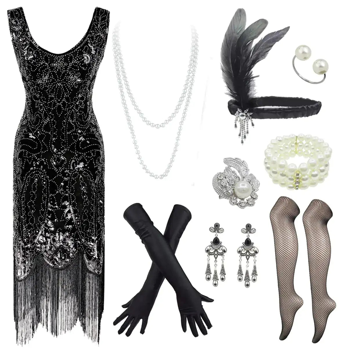 Womens 1920s Art Deco Gatsby Dresses Sequin Fringed Flapper Dresses (XXX-Large Style02-Black)