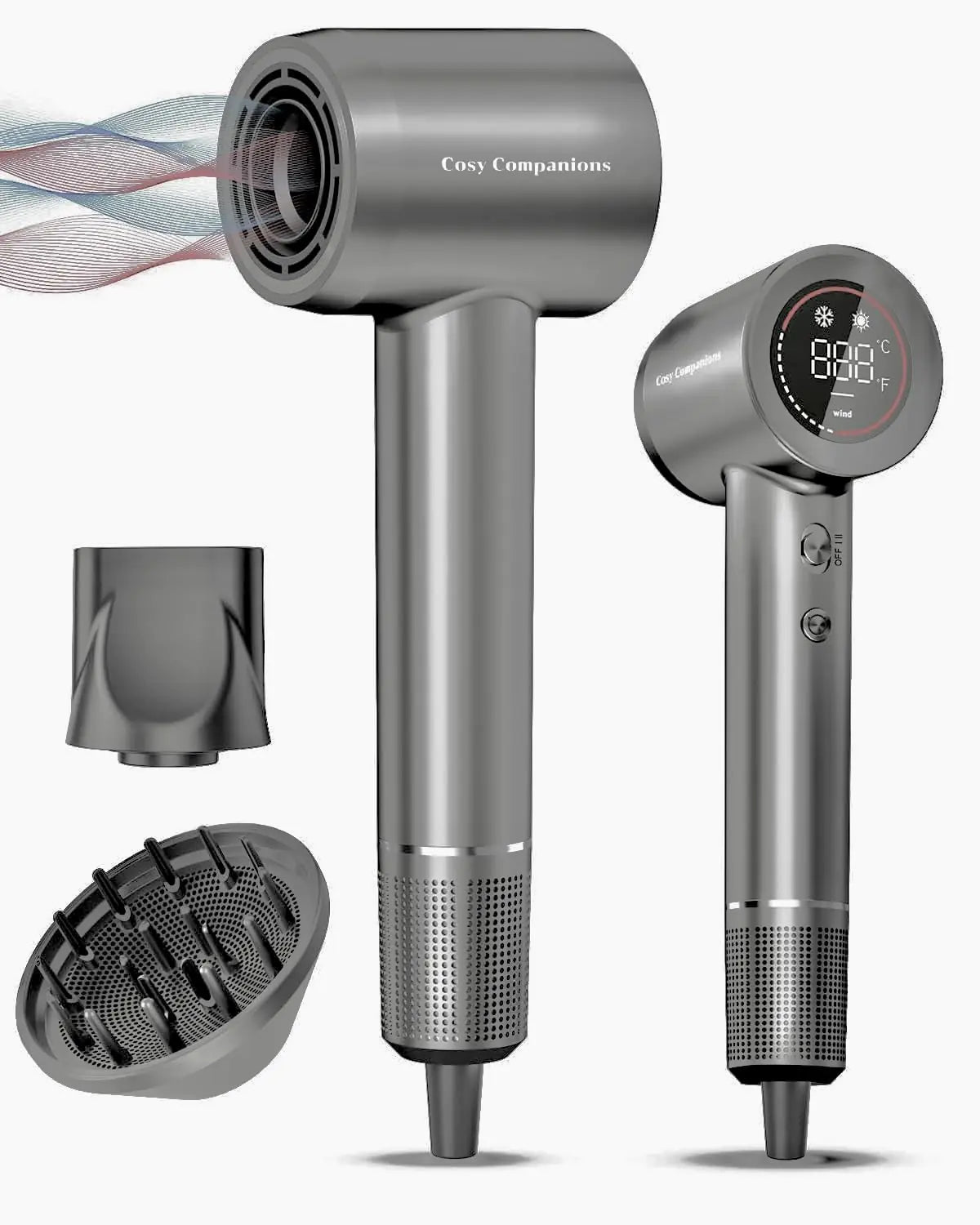 Hair Dryer with Diffuser and Nozzle 5 Temps & 2 Speeds Smoky Grey