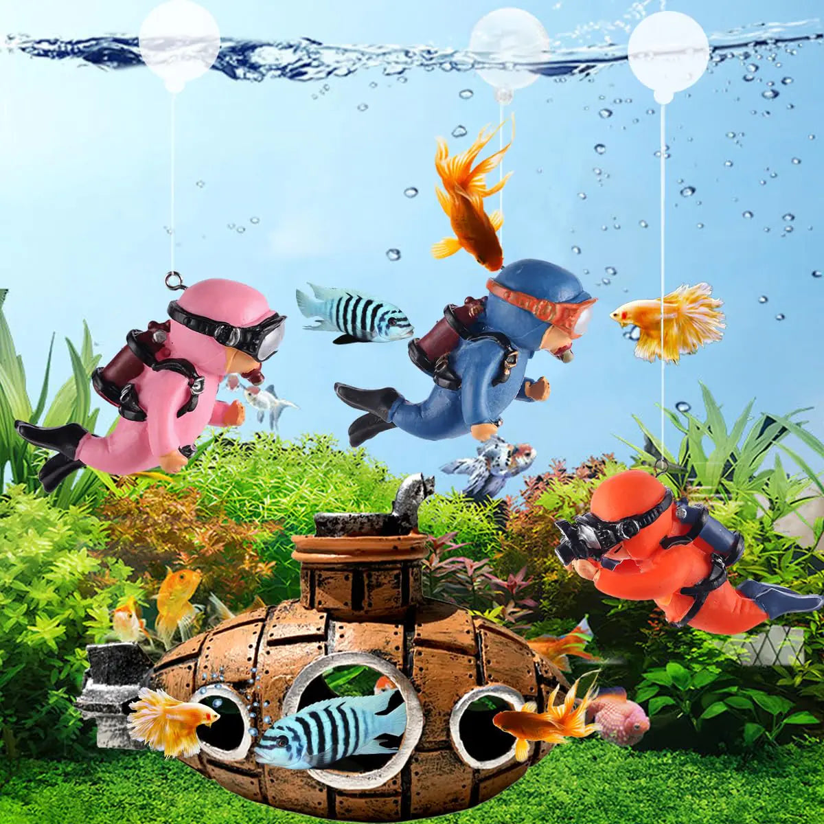 TARANDUS 4 Pcs Fun and Vibrant Fish Tank Decorations - Cute Floating Diver and Retro Submarine Set - Perfect Aquarium Accessories for Betta Fish and Floating Aquarium Decor (Style-02)