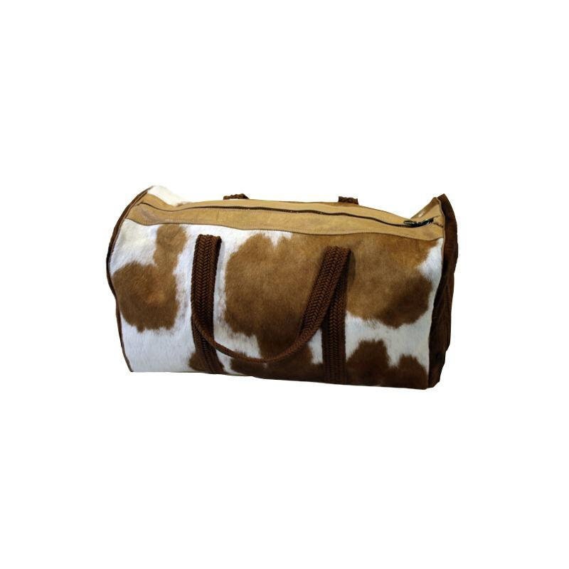 Handmade Genuine Leather Duffel Bag Large Travel Bag Cow Hide Weekend Bag Overnight Bag in Brown & White