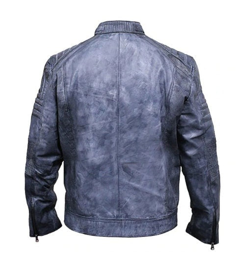 Handmade Distressed Blue Cafe Racer Biker Jacket