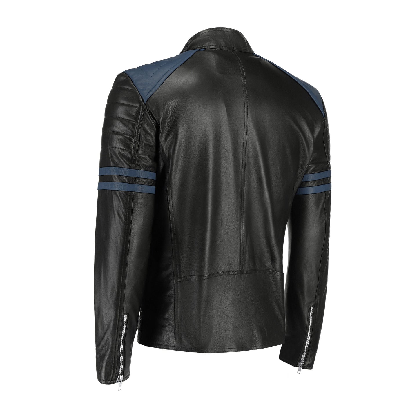 Handmade Rodger's Blue And Black Biker Style Leather Jacket