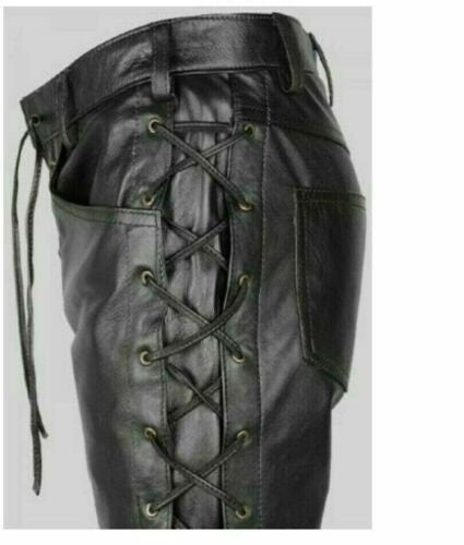 Handmade Lace Up Black Leather Pants for Men Side Lace Up Black Punk Rock Pants