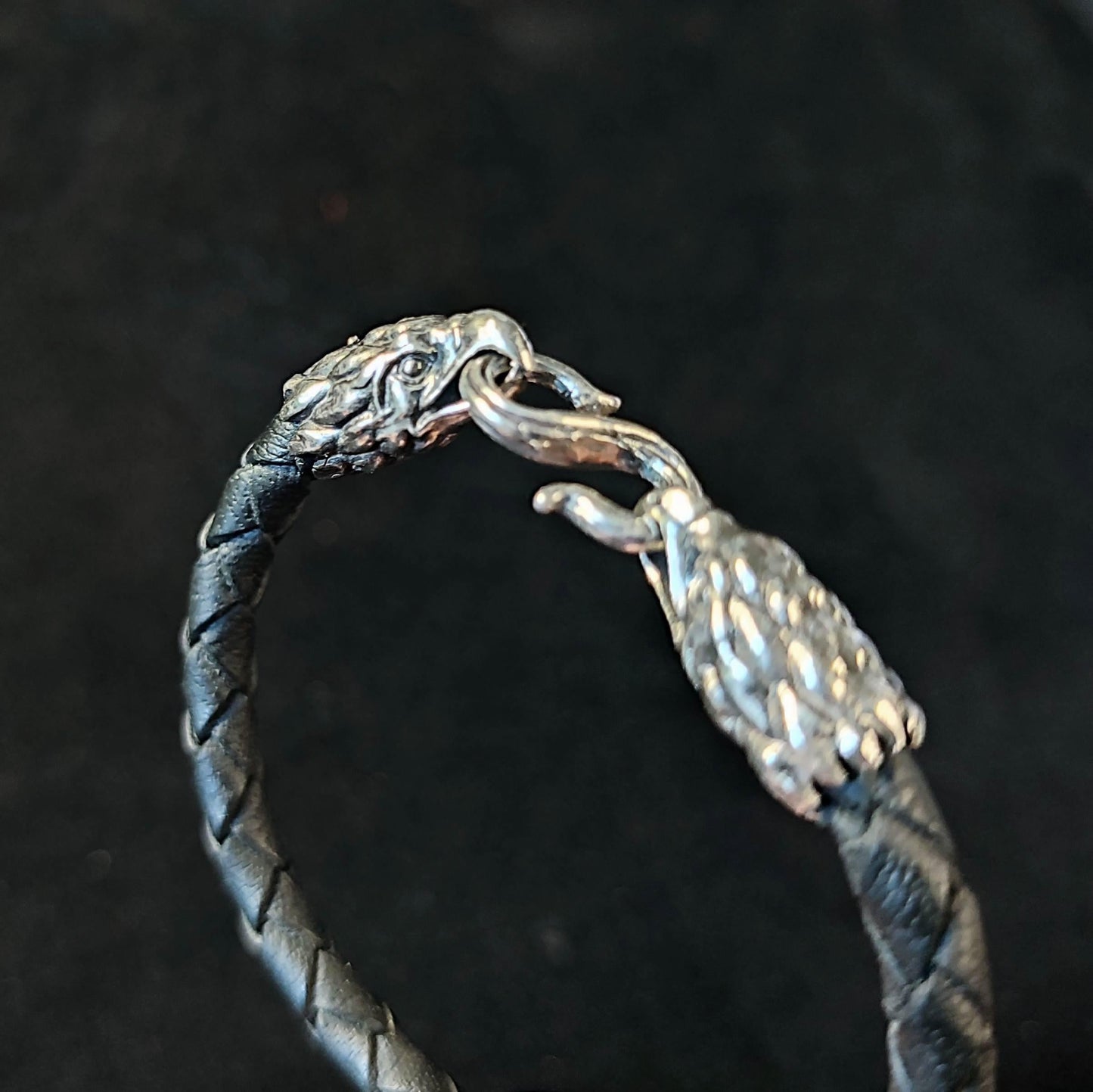 Silver Eagle's Heads Leather Black Braided Bracelet