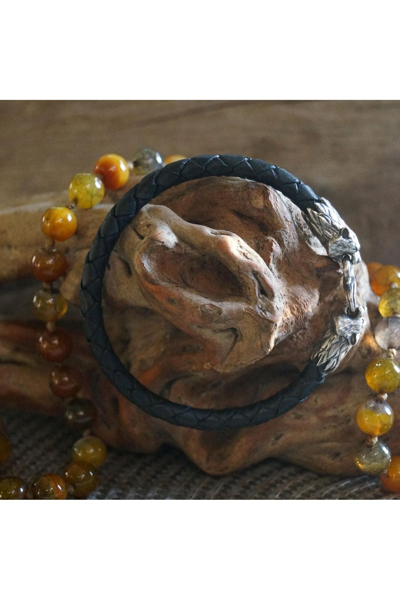 Silver Tiger's Heads Leather Black Braided Bracelet