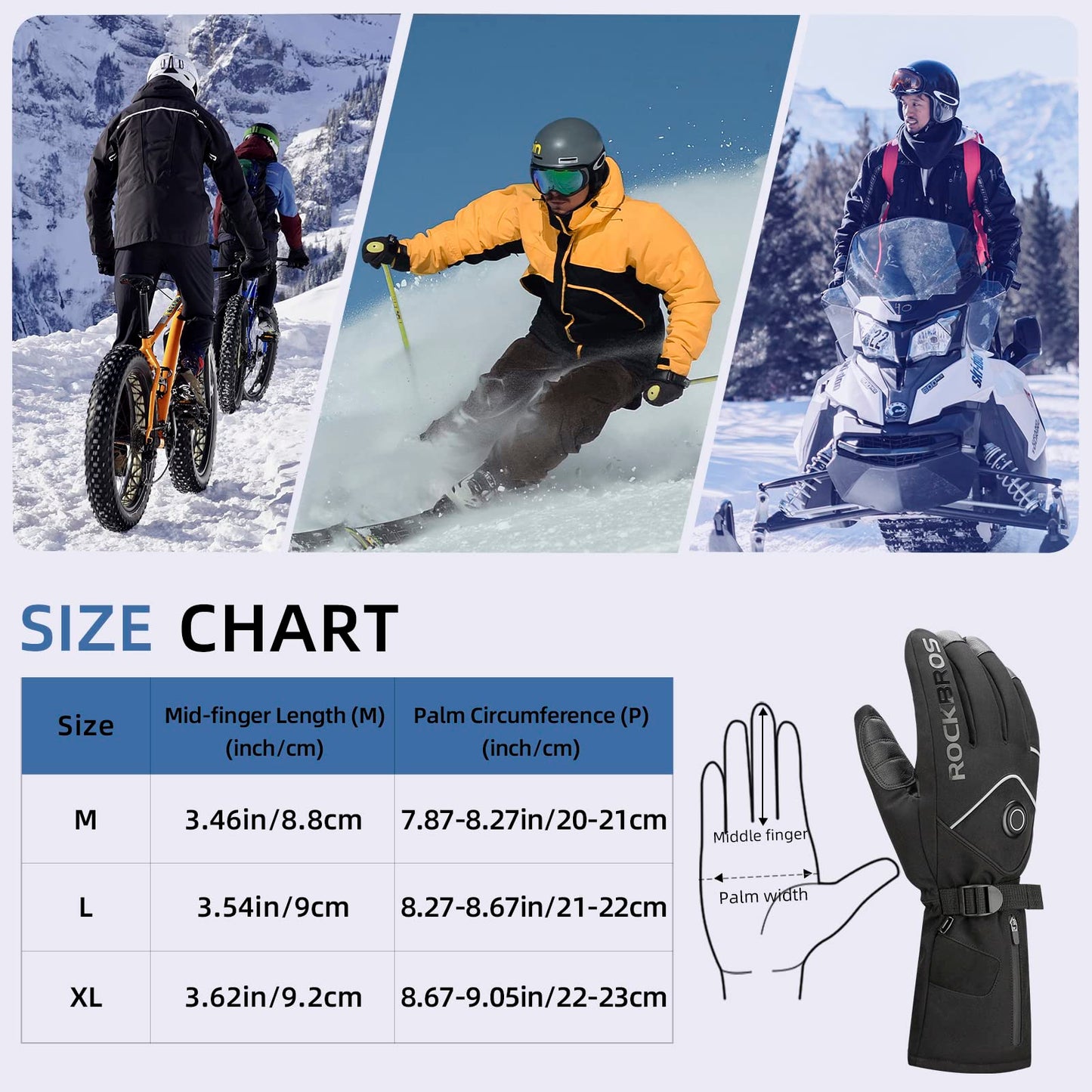 ROCKBROS Heated Gloves, Rechargeable Winter Touchscreen Gloves for Cycling, Skiing, Motorcycling