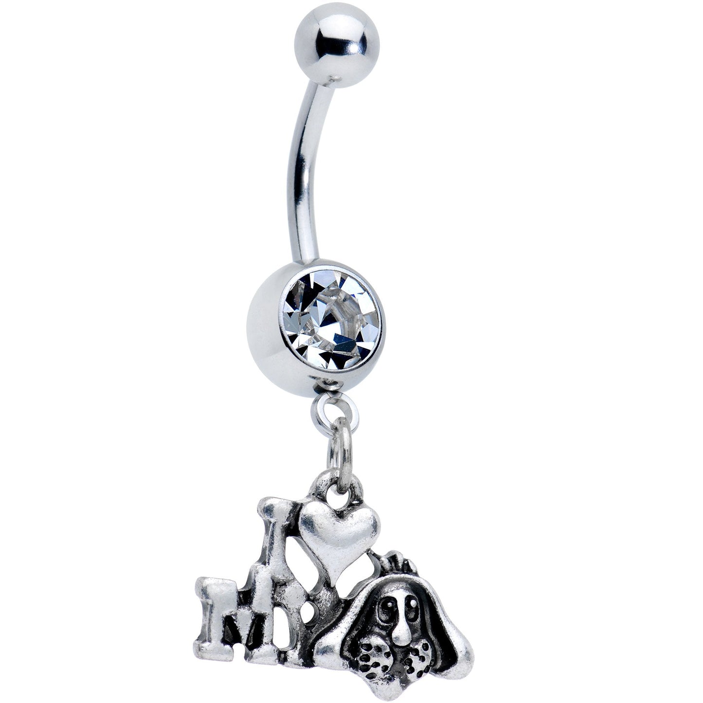 Clear Gem I Heart My Pooch Dangle Belly Ring