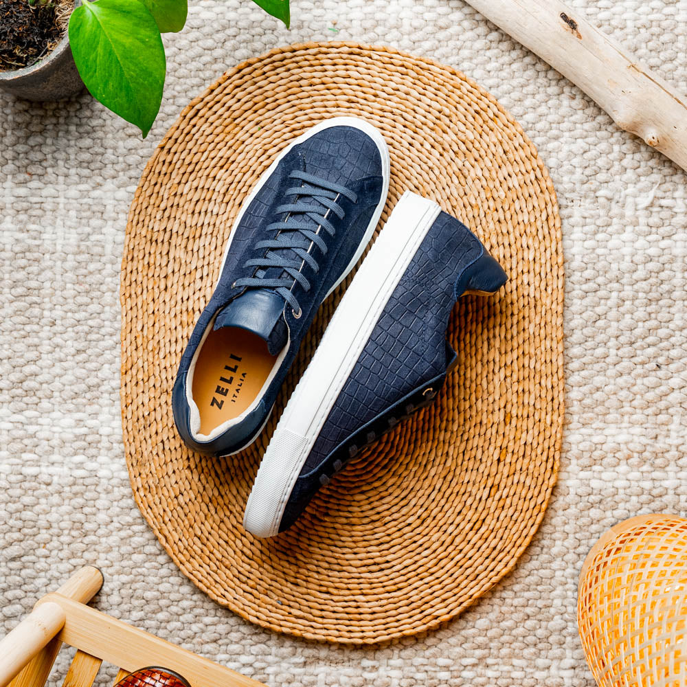 66-266-NVY KOBE Crocodile Embossed Italian Sueded Goatskin Sneakers Navy