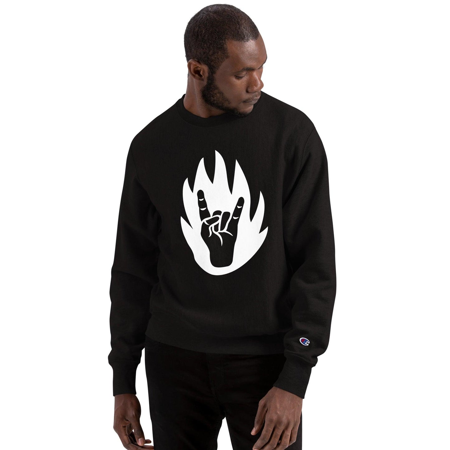 Dio Horns Rock Sign: Unchain Your Inner Champion with this Killer Champion Sweatshirt! - Lizard Vigilante