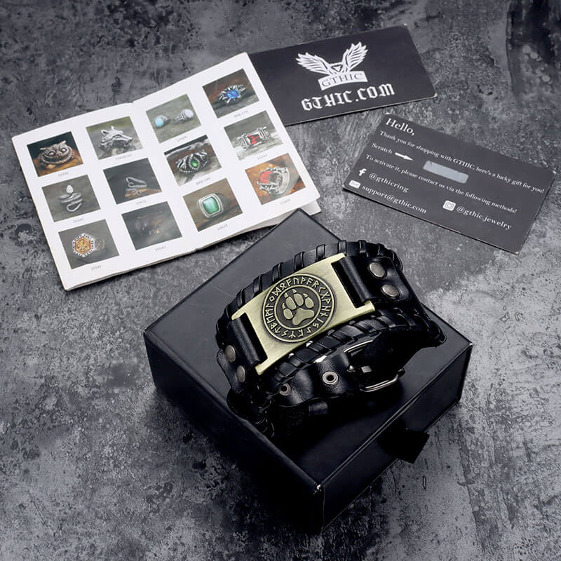 Nordic Wolf Paw Runes Leather Viking Bracelet