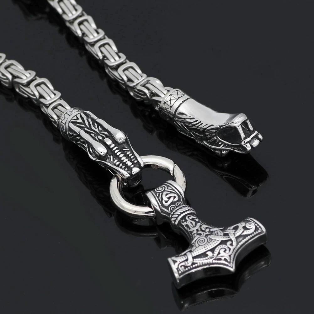Vikings Fenrir Mjolnir Stainless Steel Necklace