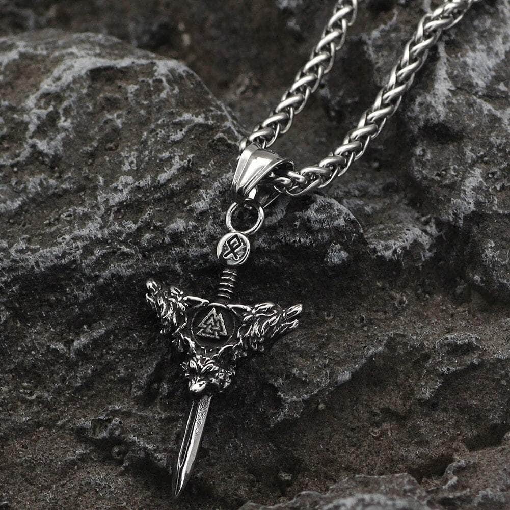Vikings Sword Valknut and Rune Stainless Steel Necklace