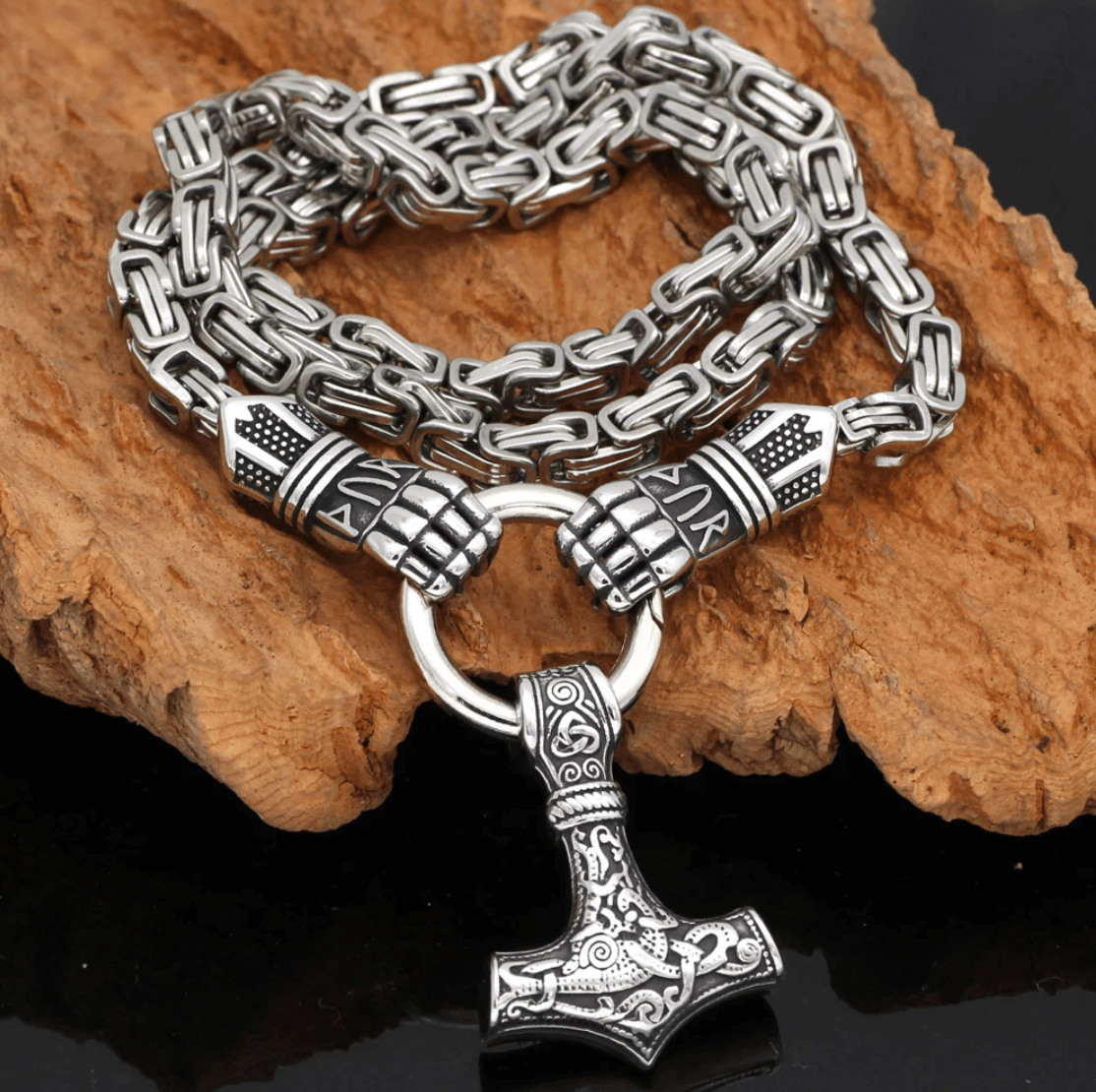 Vikings Warrior Hand Mjolnir Stainless Steel Necklace
