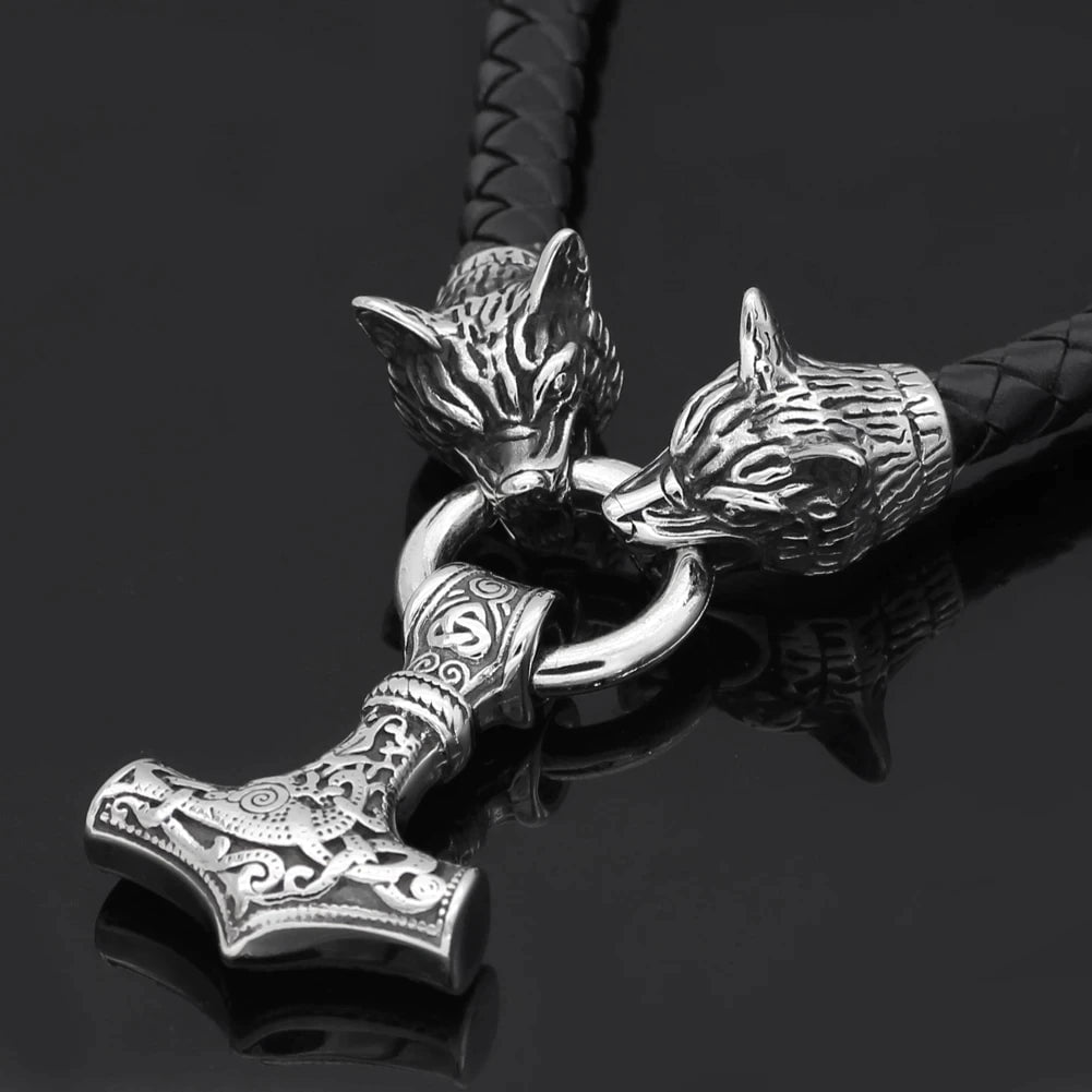 Vikings Mjolnir in Fenrir Stainless Steel Necklace