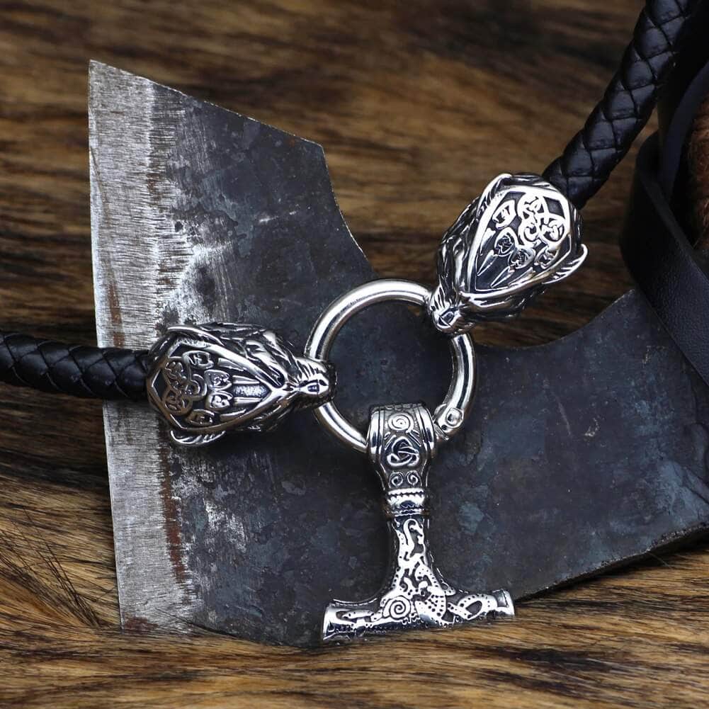 Vikings Wolf Head Mjolnir Stainless Steel Necklace