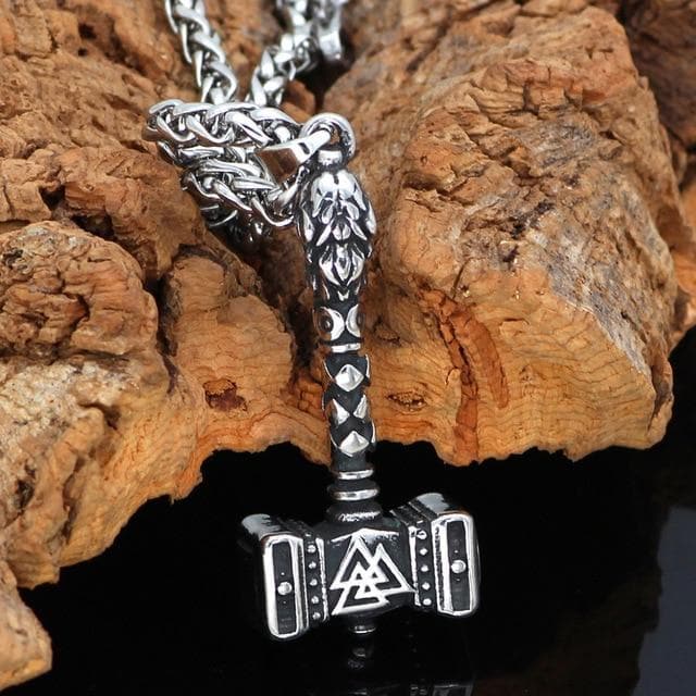 Vikings Valknut Thor Hammer Stainless Steel Necklace