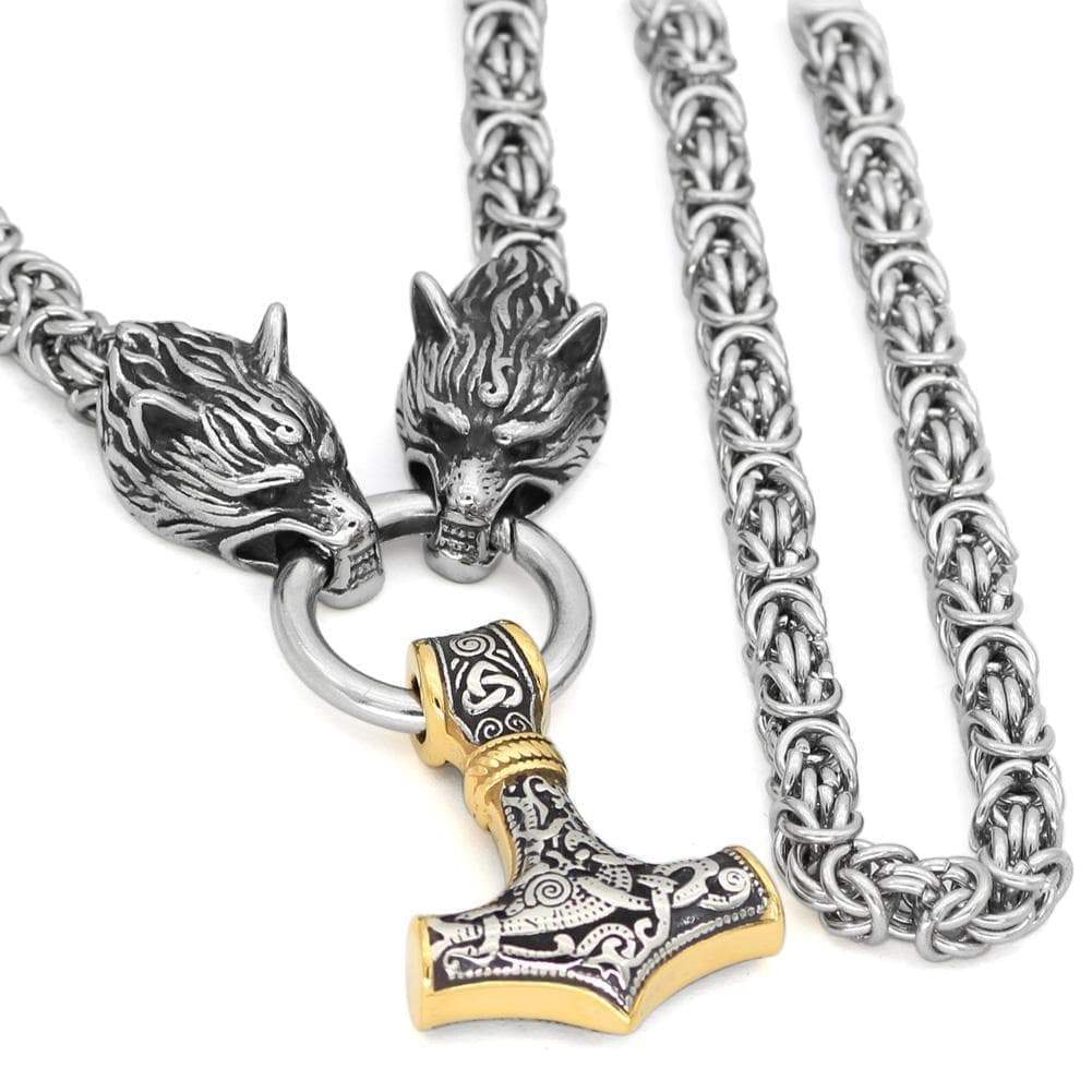 Vikings Wolf Head Mjolnir King Chain Stainless Steel Necklace