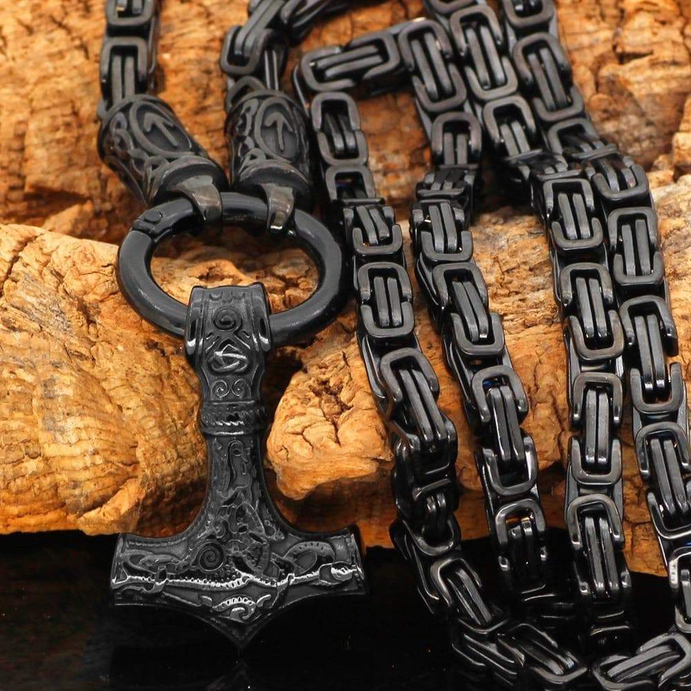 Vikings Skane Thor's Hammer Pendant with Runic King Chain
