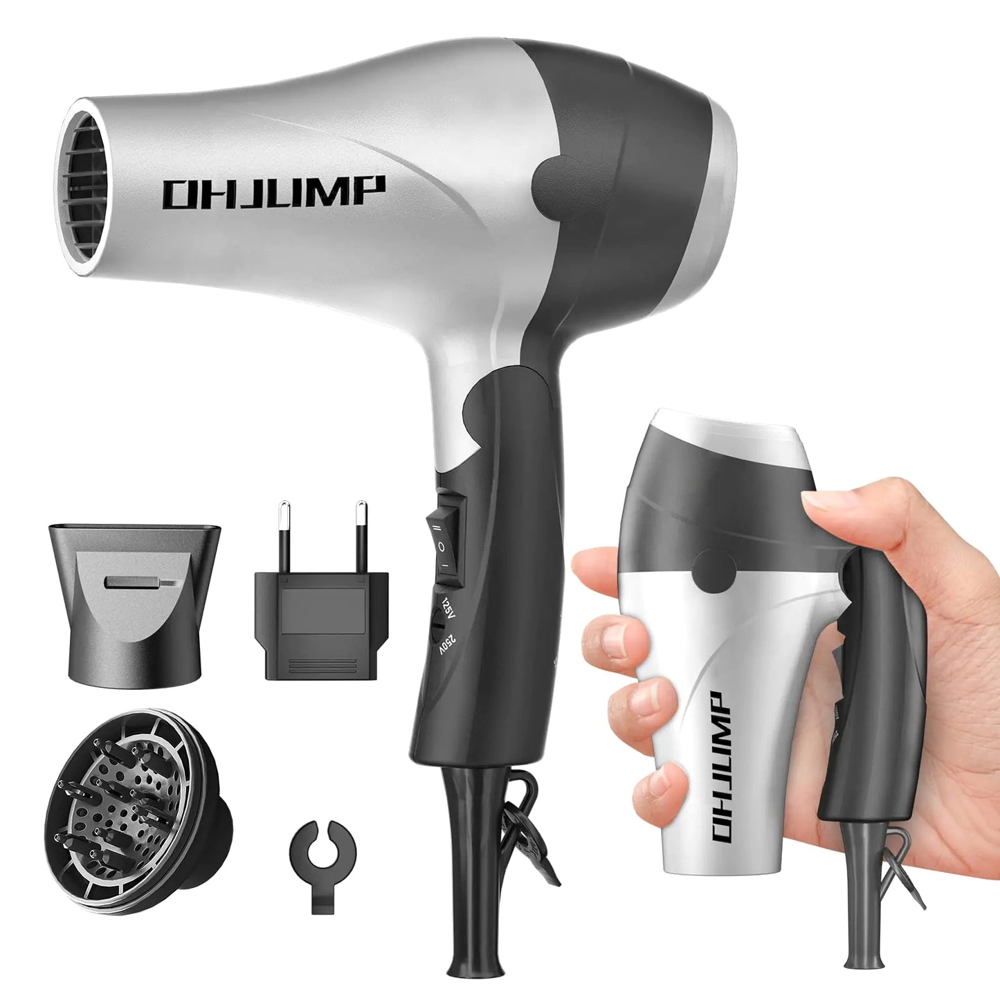OHJUMP Travel Hair Dryer Blow Dryer with Diffuser Portable Small Dual Voltage Compact Hairdryer EU Plug 1875W Powerful Fast Dry Folding Handle Diffuser Hair Dryer Silvery