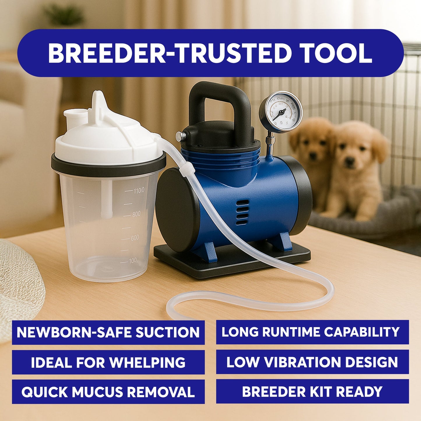 Neo-Natal Puppy Suction Machine with Adapter – Airway Care Tool for Newborn Puppies – Includes Hose and Puppy Nostril Adapter – Lifetime Adapter Replacement Program