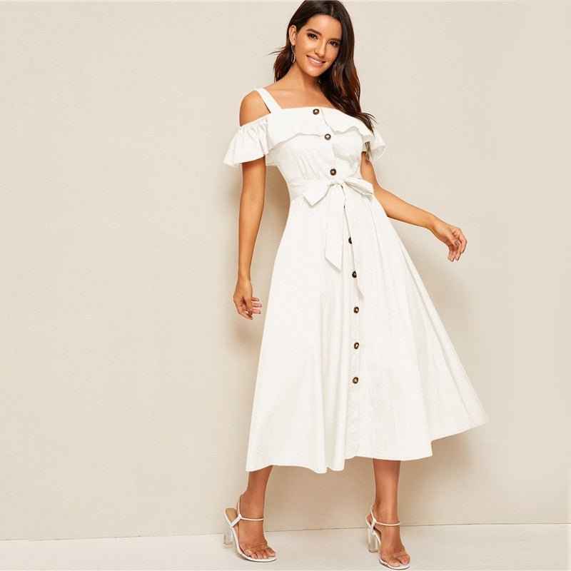 White Button-Down MIDI Dress : With Fresh Tie Waist