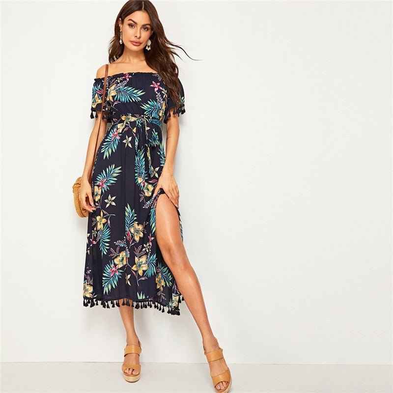 Navy Tropical Print Tassel : Long Dresses