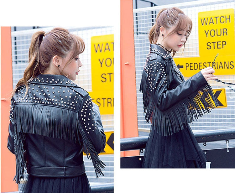 Fringed Rivet Punk Leather Jacket Women PU Leather Jacket Locomotive Short Coat motorcycle Outerwear Ladies Coats