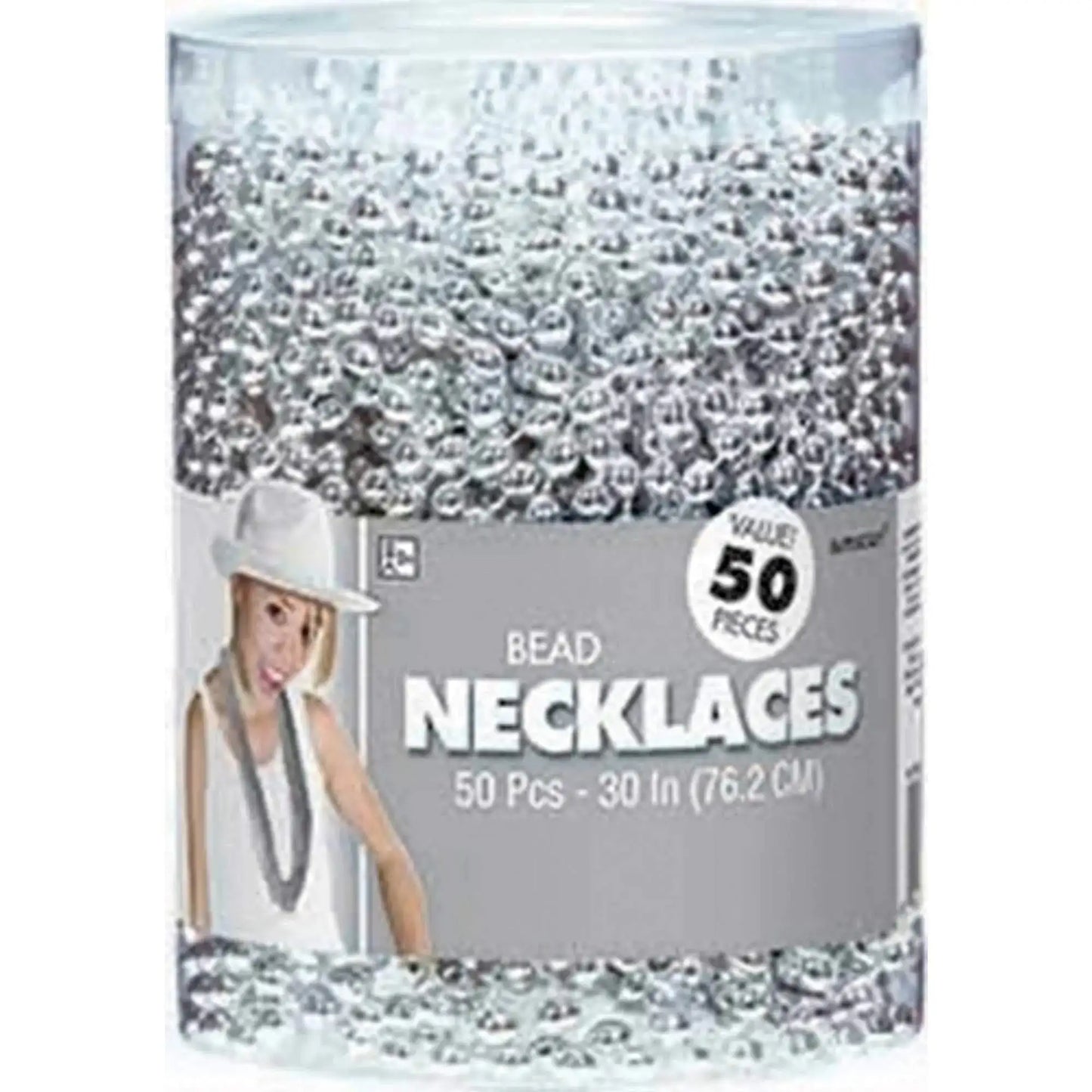 Amscan Metallic Oval Bead Party Necklaces 50 Ct 30" Silver