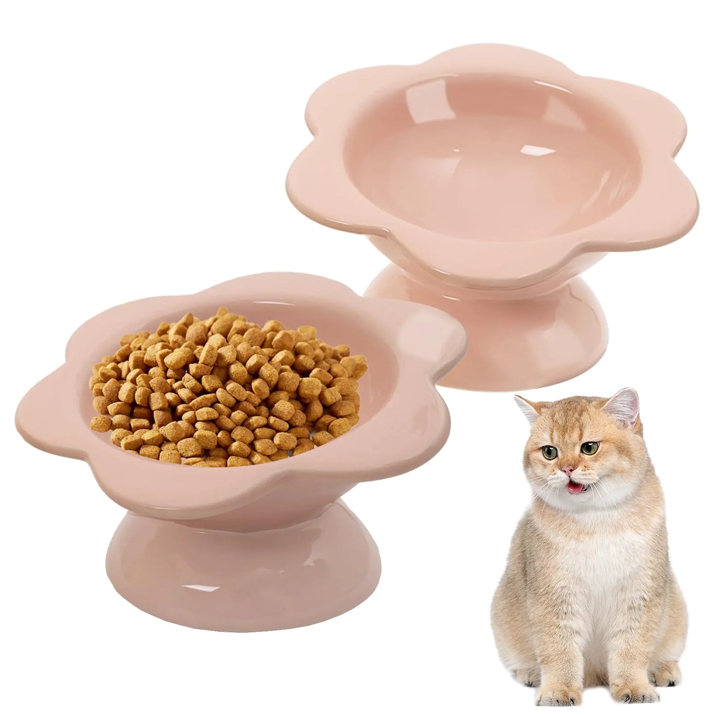 RMERVE 2 Pcs Ceramic Raised Cat Bowls Flower Raised Cat Food Bowls 7 oz Tilted Elevated Cat Food Bowl Cat Dishes for Anti Vomiting Protecting Spine Pet Feeder Bowl Water Bowl for Cat Kitten (Pink)