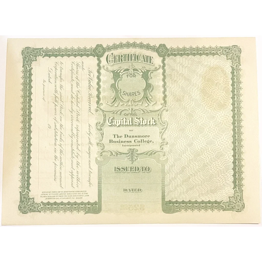 Rare Dunsmore Business College Stock Certificate from 1900s