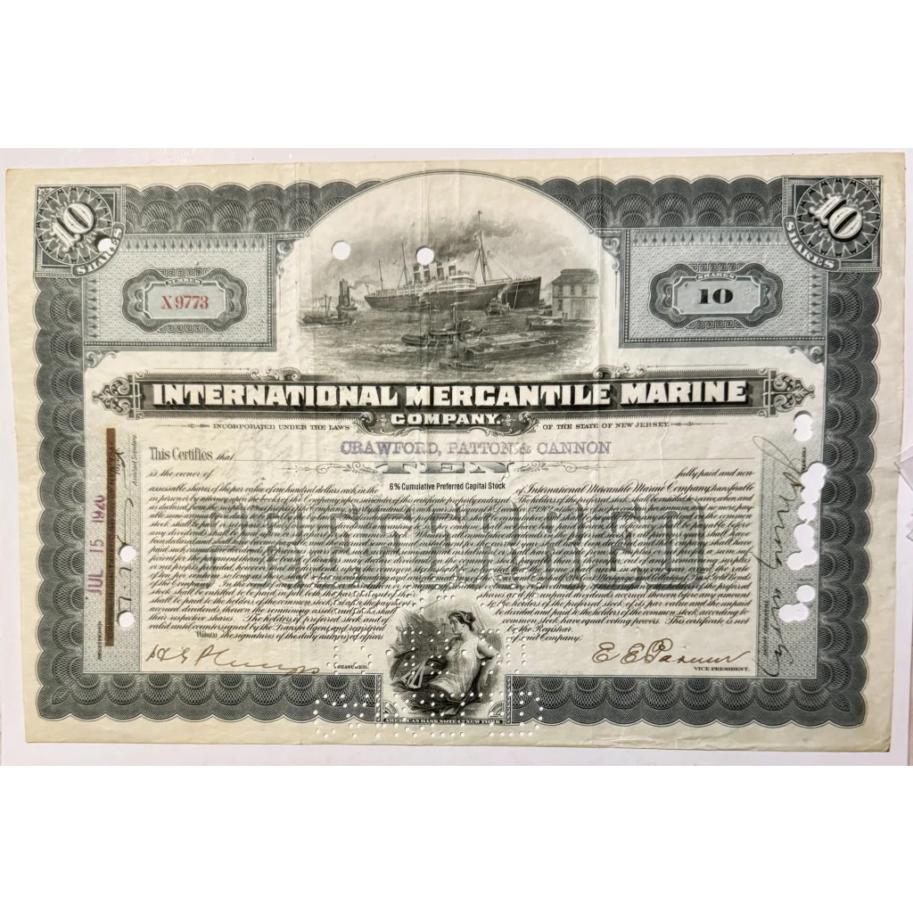 Rare Titanic International Mercantile Marine Stock Certificate