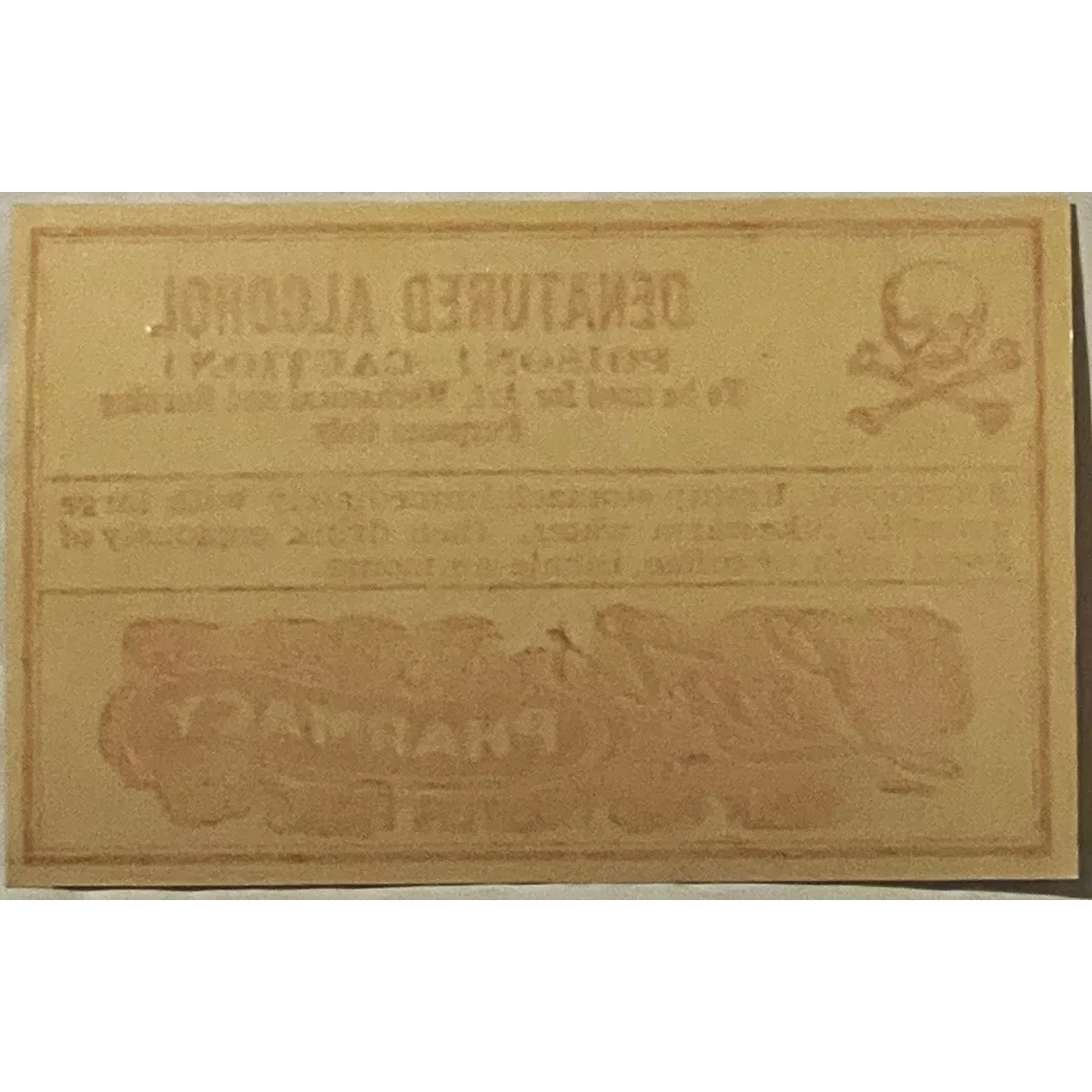 Rare Vintage 1920s Denatured Alcohol Label from Lents Pharmacy