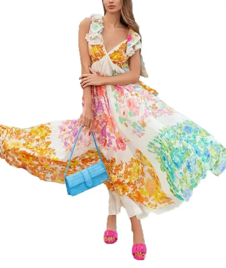 Boho Summer Dresses for Women 2024 Floral Midi Dress V-Neck Flowy Garden Dresses (WhiteLarge)