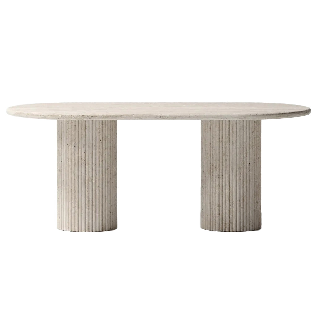 Troia Light Travertine Oval Dining Table with Fluted Round Legs