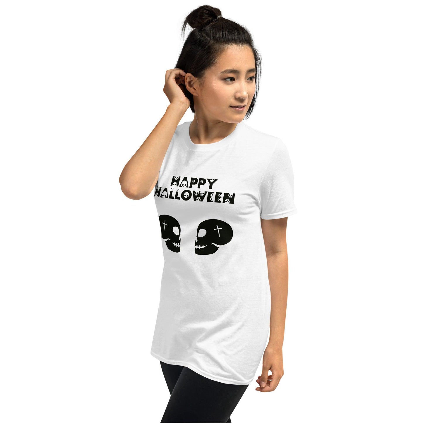 Happy Halloween in Skulls Font and 2 Facing Off Black Skulls Short-Sleeve Unisex T-Shirt - Lizard Vigilante