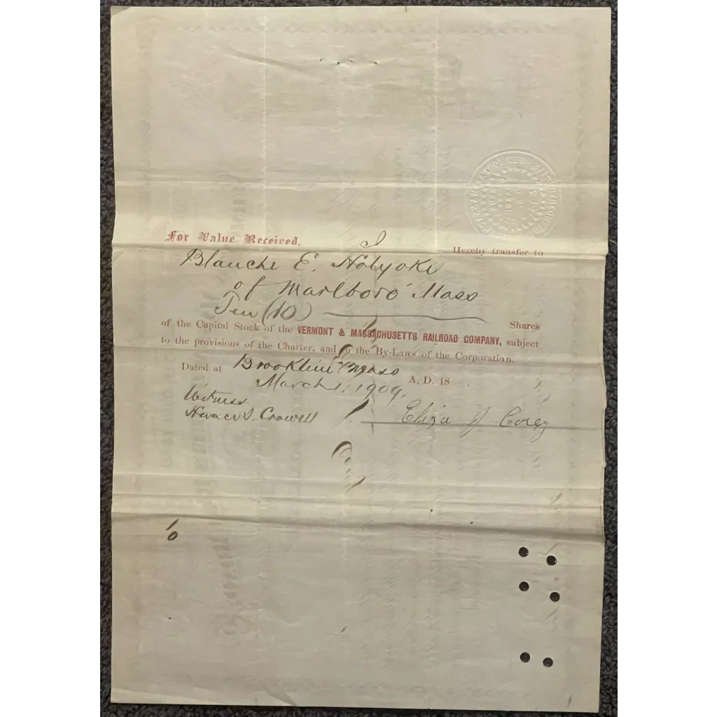Rare 1800s Vermont and Massachusetts Railroad Stock Certificate